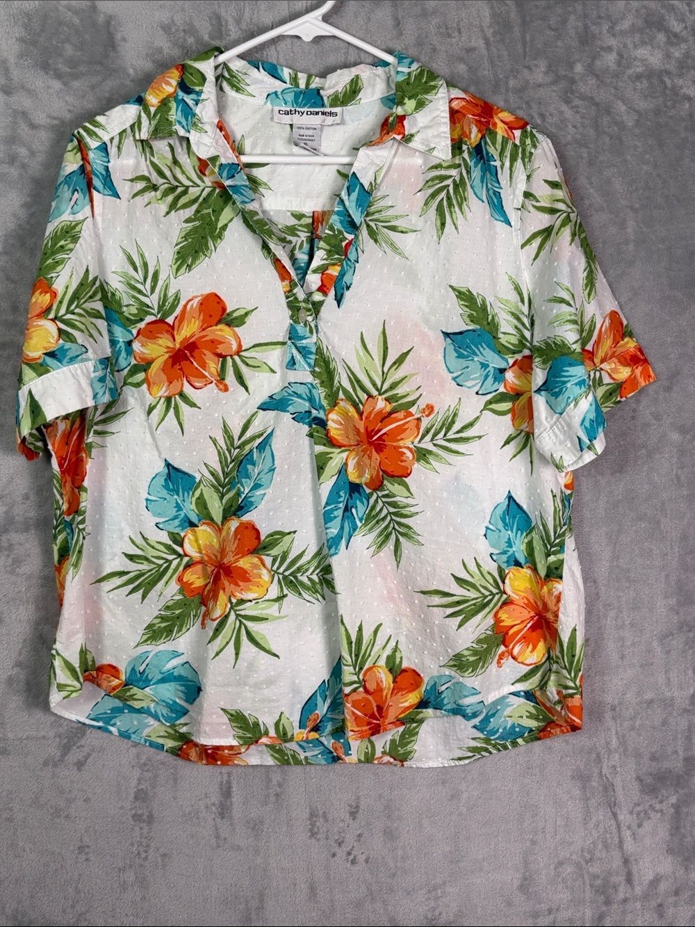 Cathy Daniel’s White Floral Tropical SS Button Collared Top Shirt Women Size XL